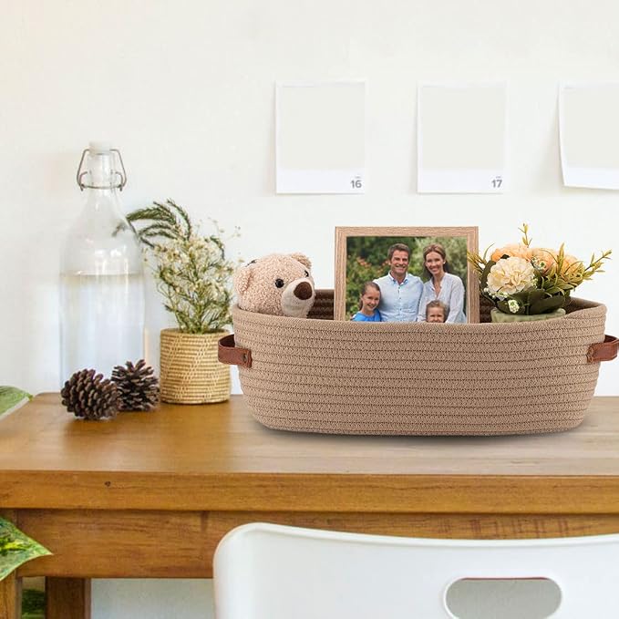 Storage Basket Boho Decor Baskets for Organizing Woven Decorative Basket for Countertop Toilet Paper Basket for Toilet Tank Top Shelf Basket with Handle Khaki