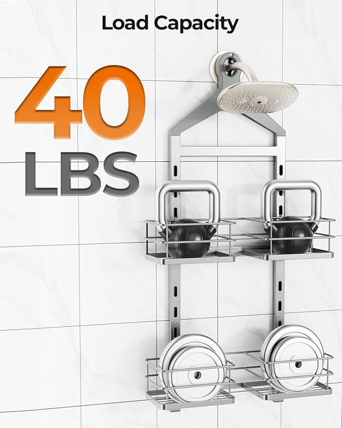ODesign 2 Tier Shower Caddy for Handheld Shower Heads Anti-Swing Silver | No drilling required,comes with removable hook and storage box,suitable for handheld and wall-mounted showerheads