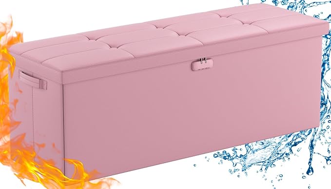 ENGPOW Storage Ottoman, Fireproof Folding Bench with Lock(15”x 43”x15”), Water-Resistant & Heat Insulation Large Storage Chest with Handles&2 Extra Spaces Safe for Living Room, Bedroom, Home, Pink