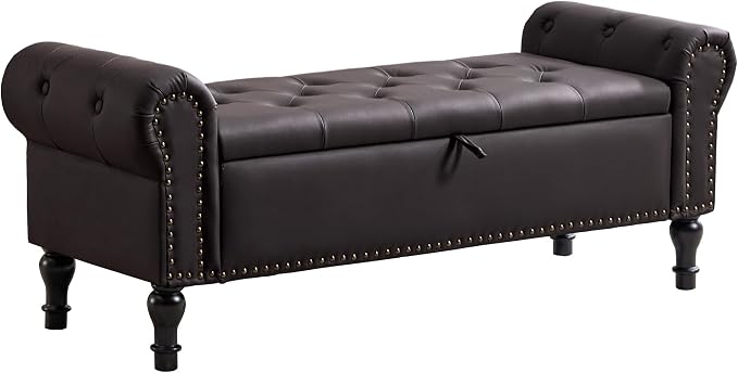51" Storage Bench for Bedroom, Faux Leather End of Bed Bench, Queen Size Bench with Rolled Arms, Tufted Storage Ottoman Benches, Upholstered Bench for Bedroom, Living Room, Entryway, Dark Brown