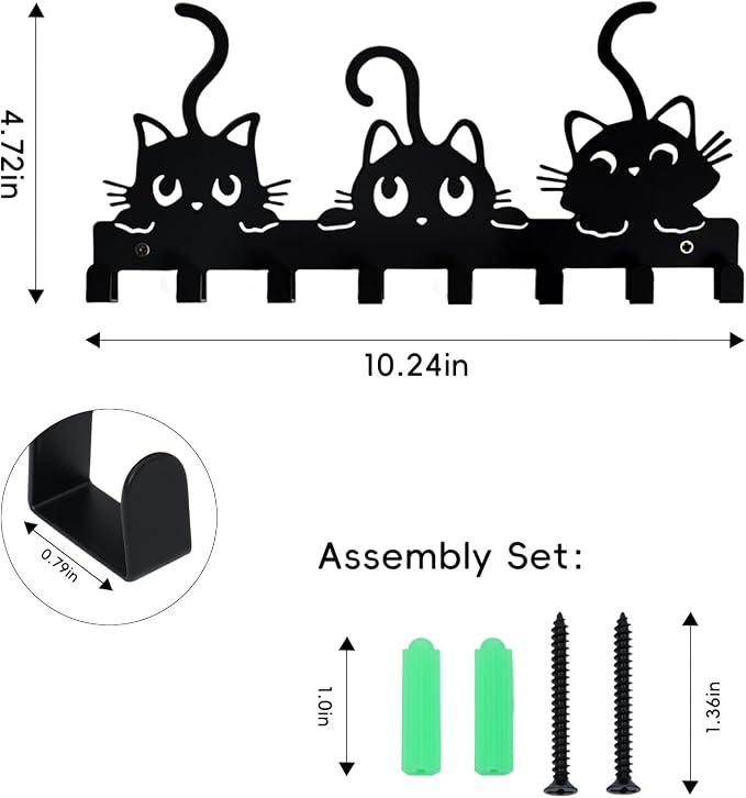 Key Holder Wall Mounted with Screws and Anchors, Black Multifunctional Key Hanger with 8 Hooks, Entryway Front Door Kitchen Hallway Garage Office