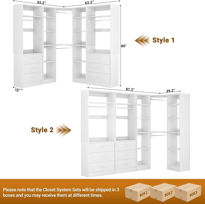 Besiost Corner Closet System with 6 Drawers, Closet Organizer System with 14 Shelves & 4 Hanging Rods, 87.2"L * 39.2"W / 63.2"L * 63.2"W Reversible L Shaped Walk-in Closets, Load 2500+LBS, White