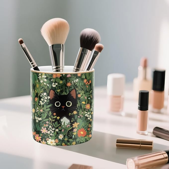 Black Cat Pen Holder for Desk Accessories, Durable Ceramic Pencil Organizer Decor for Room, Office, Classroom, Cat Lover Gifts