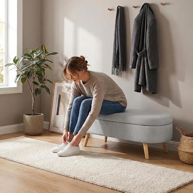 43.5” Storage Ottoman Bench,Upholstered Oval End of Bed Bench for Bedroom | Modern Linen Ottoman with Storage, Entryway Foot Rest with Wooden Legs, Lift-Top Lid with Safety Hinge, Living Room, Grey