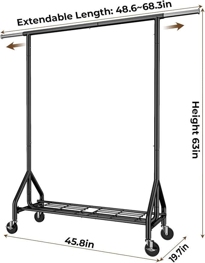 HYSEYY Heavy Duty Clothes Rack Load 450 LBS, Metal Garment Rack, Standing Rolling Clothing Rack for Hanging Clothes with Sturdy Wheels & Shelves, Portable Closet Wardrobe Rack,Black