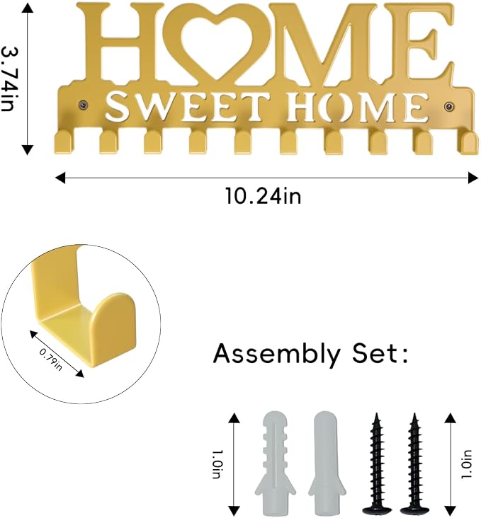Key Holder Wall Mounted with Screws and Anchors, Gold Multifunctional Key Hanger with 10 Hooks, Entryway Front Door Kitchen Hallway Garage Office