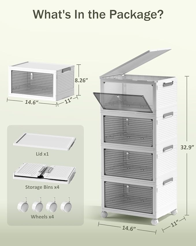 23QT Stackable Storage Bins with Lids and Wheels, 4 Tier 92QT Foldable Plastic Storage Drawers with Magnetic Doors, 4 Pack Collapsible Closet Organizer for Bedroom Office, White