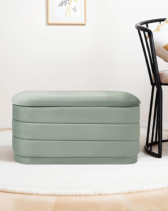B FSOBEIIALEO Velvet Storage Ottoman with Tray, Folding Ottoman with Storage Coffee Table Shoes Bench for Dorm Room, Living Room Sage, 30"x15"x15"