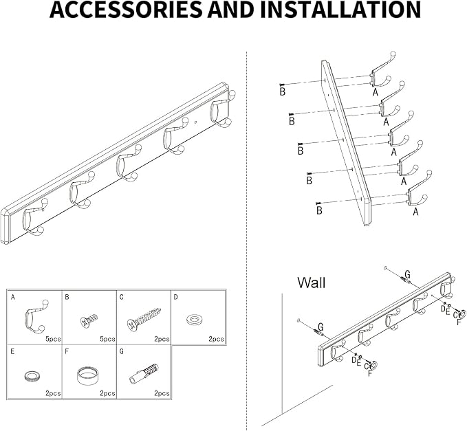 Badiano Wooden Coat Rack, Wall-Mounted Organizer for Closet, Entryway, Hallway, Foyer, Bedroom, Heavy Duty Double Hooks for Hanging Towels, Bags, Hats, Jackets, Key (Black, 5 Hooks)