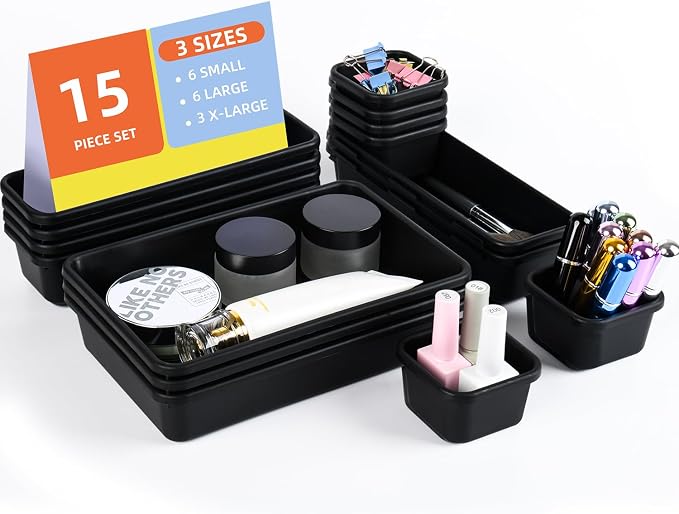 Kutesna 15PCS Interlocking Drawer Organizer, Plastic Desk Organizers Set | 3-Size Versatile Storage Bins,BPA-free, Non-slip, Fits Any Drawer for Cosmetics, Bathroom, Tools, Kitchen and Office, Black