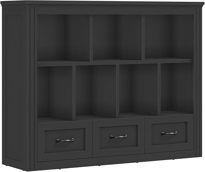 10 Cube Bookshelf Set of 2, Wooden Cubby Storage Organizer, Farmhouse Short Bookcase, Cube Shelf Bookcase with 3 Drawers, 3 Tiers Floorstanding Open Bookshelf, Black