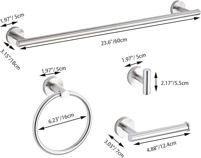 Brushed Nickel Bathroom Hardware Set 5 Piece with Towel Racks for Bathroom, SUS304 Stainless Steel Bath Towel Bar Set, 24 Inch Wall Mounted Accessories Kit…