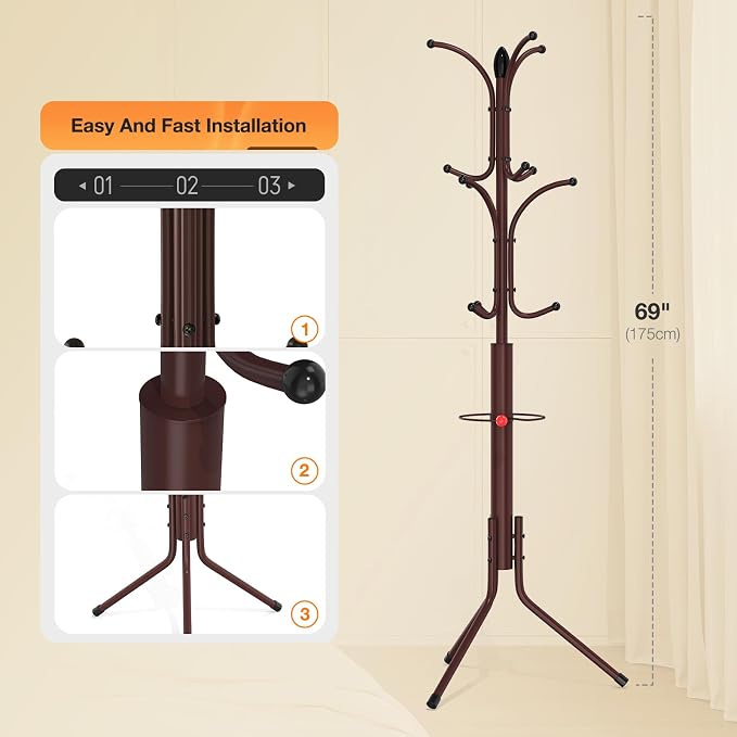 Coat Rack Freestanding,12 Hooks Metal Coat Racks with Umbrella Holder,Sturdy Hall Rree,Easy Assembly Coat Rack Stand for Hanging Scarf,Purse,Hats,Jacket(Brown)