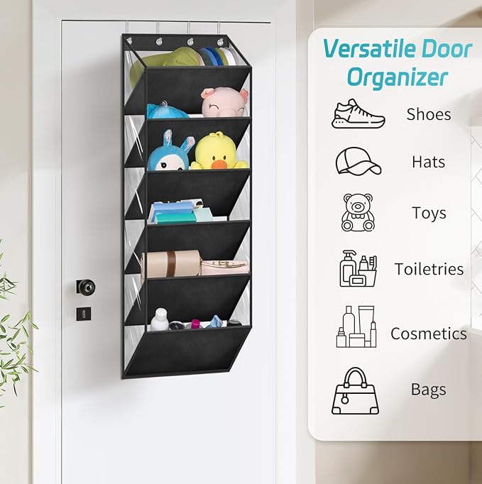AOODA Clear Over The Door Shoe Organizer Storage Holds 12 Pairs, Narrow Door Hanging Shoe Rack for Closet, Deep Pockets Shoe Holder Hanger for Sneakers, Boots (Black)