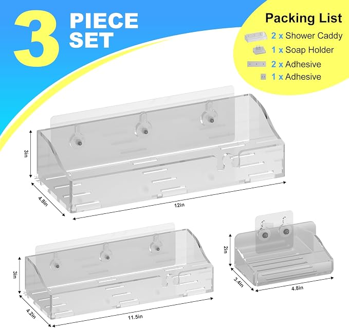 Acrylic Shower Shelves 3 Pack, Clear Adhesive Shower Caddy Organizer, Rustproof No Drill Wall Mount Bathroom & Kitchen Storage Rack