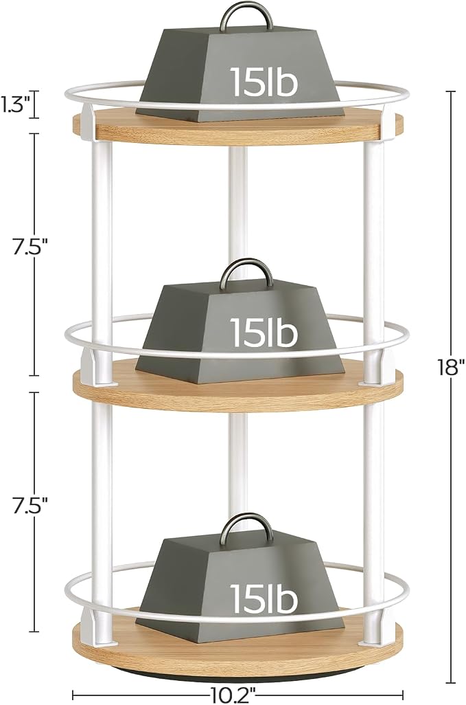 YATINEY 3-Tier Lazy Susan Organizer, Rotating Spice Rack, Spinning Organizer, Industrial Turntable Spice Rack Organizer for Cabinet, Kitchen Countertop, Pantry, White and Natural SR23WN