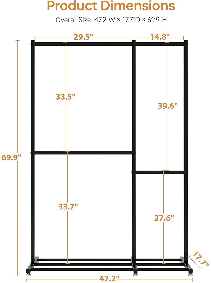 Clothes Rack, Clothing Racks for Hanging Clothes with 4 Hanging Sections, Double Rod Garment Rack with Storage Shelves for Bedroom Living Room 47.2" x 17.7" x 69.9", Black