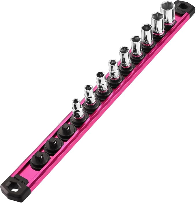 WORKPRO Magnetic Socket Organizer, Heavy Duty 1/4-Inch Drive Socket Rail | 1 Piece Socket Holder with 12 Spots, Aluminum Alloy, Rotatable & Movable Clips, Efficient Organization