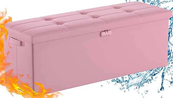 DocSafe Storage Ottoman Bench, Fireproof&Waterproof Folding Bench with Lock(15”x 43”x15”), Leather Storage Chest with Handles&2 Extra Boxes, Ottoman Safe for Bedroom,Living Room,Home Office, Pink