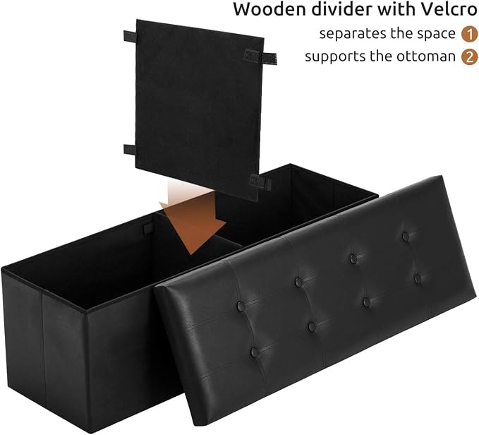 YOUDENOVA 43" Ottoman with Storage, Folding Faux Leather Bench, Black | Foldable ottoman with hidden storage, padded faux leather seat and sturdy MDF frame for everyday use.