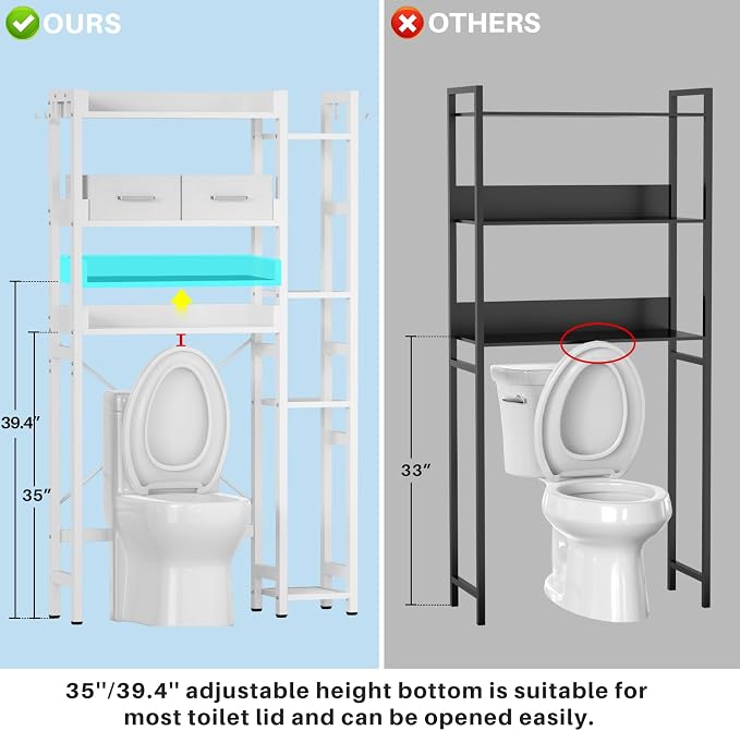 Besiost Over The Toilet Storage, 7 Tier Bathroom Organizer with Reversible Side Shelf and 2 Fabric Drawers, Adjustable Freestanding Rack Space Saver for Small Spaces, White