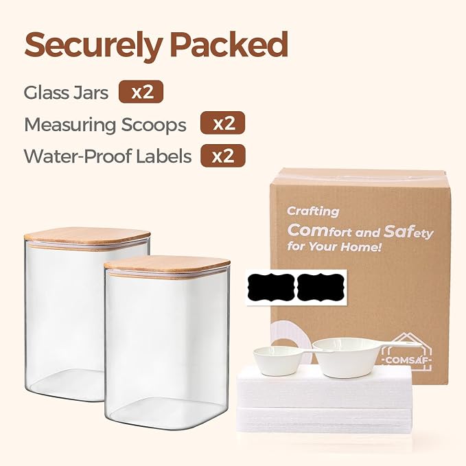 ComSaf Flour Sugar Storage Containers 4 Qt, Set of 2 Glass Flour Container | 1 Gallon Large Glass Storage Containers, 15cm Extra Wide Mouth Canisters, Easy Clean and Scoop, 4.4lb Flour Jar, BPA Free