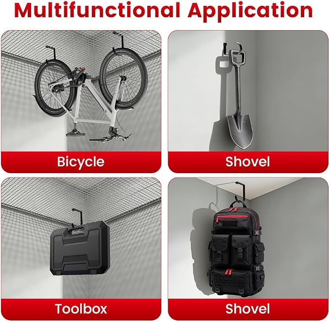 Bike Hooks for Garage Ceiling Mount Rack, Add on Storage Flat Hook, 6 Pack | Anti-Rust Overhead Garage Hooks for Wall Shelving, 60lbs Load Capacity, Tool-Free Installation
