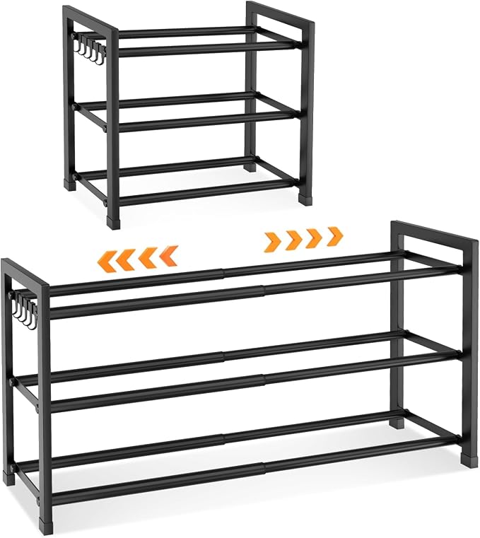 LANTEFUL 3-Tier Expandable Shoe Rack for Closet, Adjustable 18"-33" Metal Shoe Organizer for 12 Pairs, Shoe Shelf for Small Spaces, Entryway, Bedroom with 5 Hooks