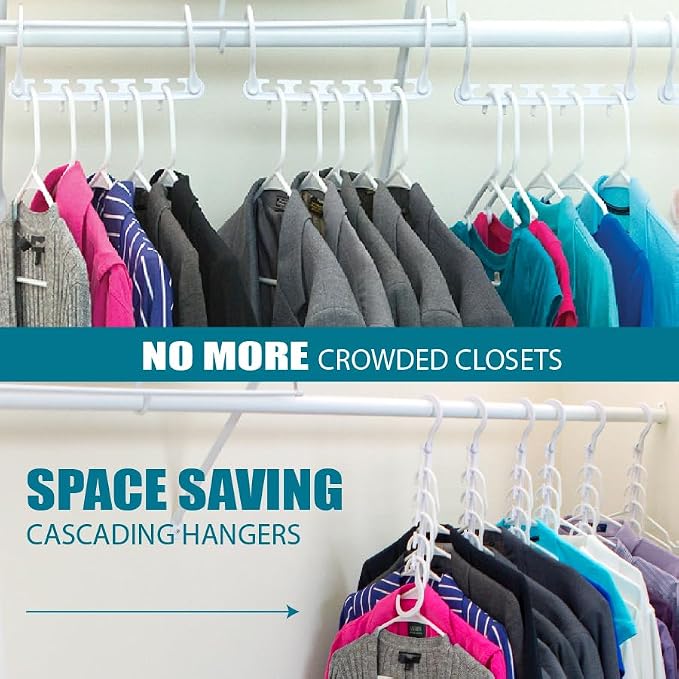 Wonder Hanger Max 20-Pack Space-Saving Hangers, 360° Hooks, White | Maximize closet space with 20 assembled cascading hangers and reinforced 360° swivel hooks—ideal for dorms and storage.