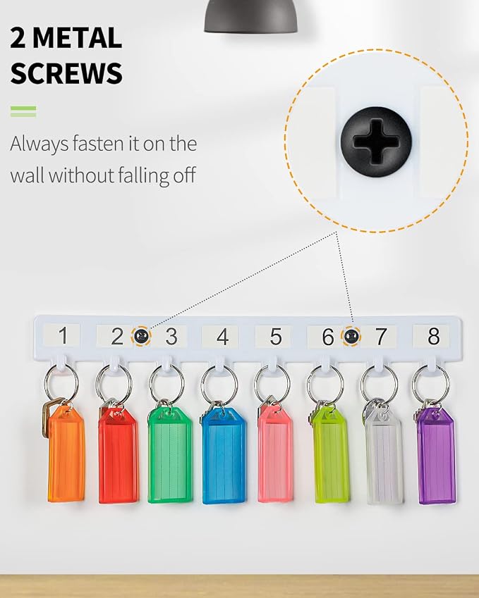 Uniclife Key Tag Rack, Hook Style Wall Mount Key Holder | Plastic Hook-Style Wall Rack Keeps Labeled Keys Organized with Transparent Tough Key Tag Identifiers in 8 Assorted Colors.