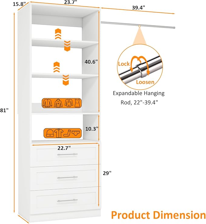 Closet System with 3 Drawers and 4 Shelves, Modular Closet Organizer System with Adjustable Shelves & Expandable Rod, DIY Walk in Closet Tower, Closet Organization Systems, White
