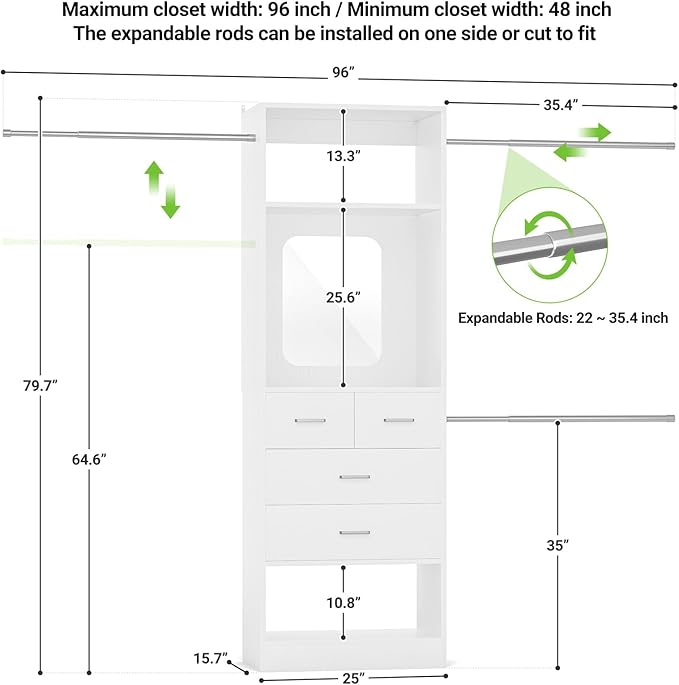 Unikito 8FT Closet System with Mirror and 3 Extendable Hanging Rods, White | 48" - 96" Walk in Closet Organizer with 4 Drawers and 25” Tower, Sturdy Wood Closet Insert, Adjustable Width, Heavy Duty