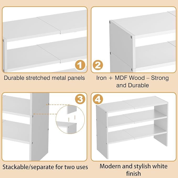 X-cosrack 3-Tier Shoe Rack for Closet, Shoe Organizer for Front Door Entrance Expandable Shoe Shelf, Stackable Iron Shoe Storage Shelves for Closets, Entryway, Hallway, Garage,White