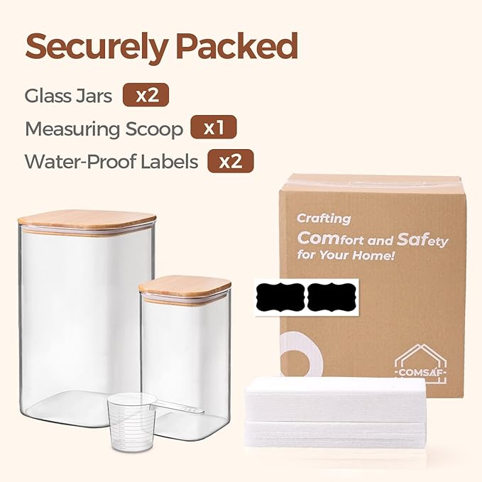ComSaf Glass Storage Containers with Bamboo Lids 1.6/4.6 Qt 2 Pack | Pantry Organization, Flour Sugar Coffee Beans, Pasta Cereal Dry Food, Large Capacity, Cabinet Organization, Food Storage Jar