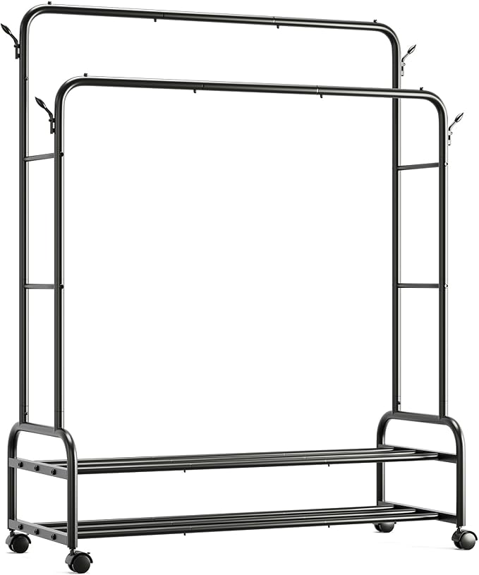 TigerParty Double Rods Clothes Rack for Hanging Clothes, Rolling Clothing Rack with Wheels, Freestanding Garment Racks with 2 Shelves for Bedroom Laundry Living Room