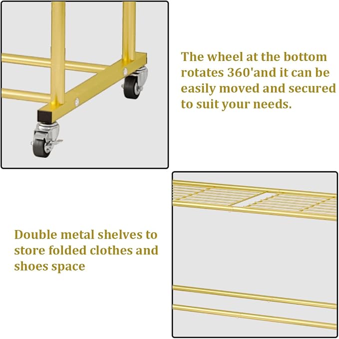 SUOERNUO Clothes Rack with Lockable Wheels Double Rods Metal Garment Racks | Portable Heavy-Duty Clothing Rack, Rolling Clothes Shelves for Bedroom Laundry Living Room, Gold