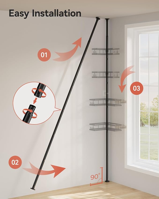 YASONIC Corner Shower Caddy Tension Pole, 25.7-109.1in Adjustable Shower Shelves, Rust-Resistant Shower Organizer, No-Drill 3-Step Installation, Bathroom Shelves for Renters & Family, Black