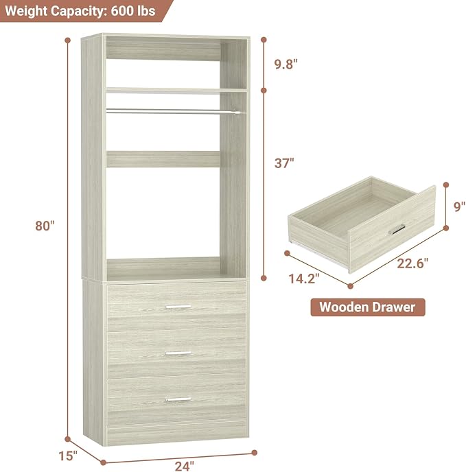 Besiost Freestanding 2FT Closet System with 3 Wood Drawers, 24" Closet Organizer System with Hanging Rod & Shelves, Walk-in Closet Systems for Small Closet, White Oak (24"L*15"W*80"H)