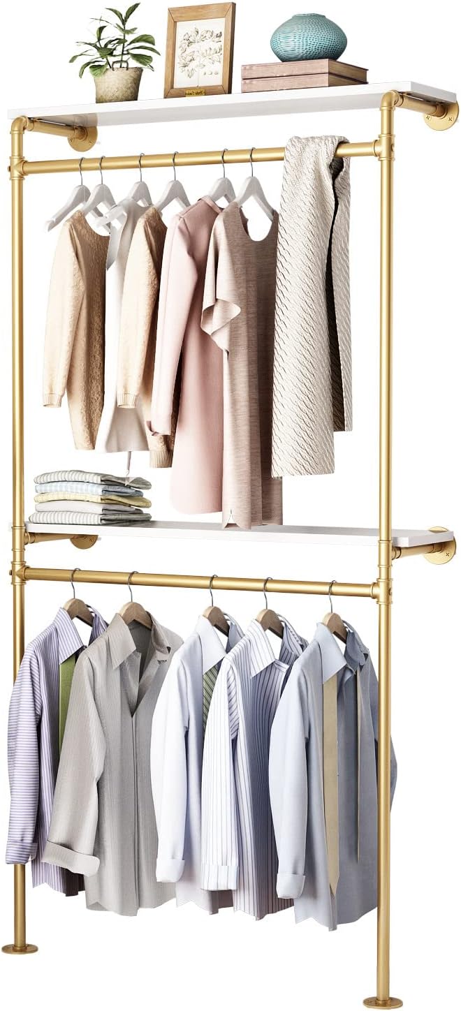 DR.IRON Gold Pipe Clothing Racks with 2 Tier Shelves, Wall Mounted Gold Clothes Rack with Double Hanging Rods Heavy Duty Garment Storage Rack Display Racks Rod for Clothes,Laundry Room