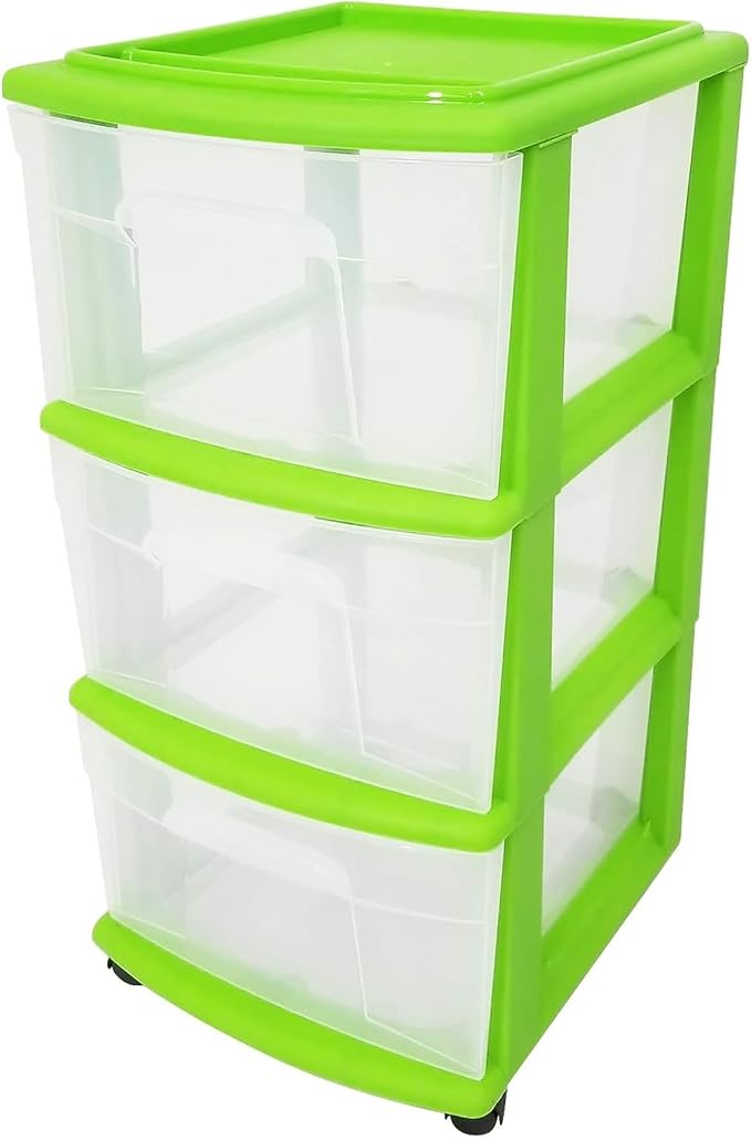 HOMZ 2-Pack Drawer Tower, 3-Tier Clear Plastic Storage Organizer Cart, Bold Lime Frame - Organizing Containers with Wheels for Home, Bathroom, Bedroom, Office, and Classroom