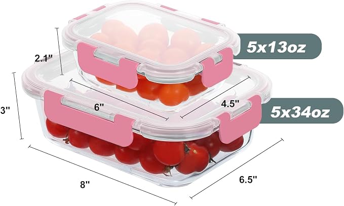 10 Pack Glass Food Storage Containers with Lids, Pink | Meal Prep Containers Set, Airtight Glass Lunch Boxes, BPA-Free, Freezer, Oven, and Microwave Safe
