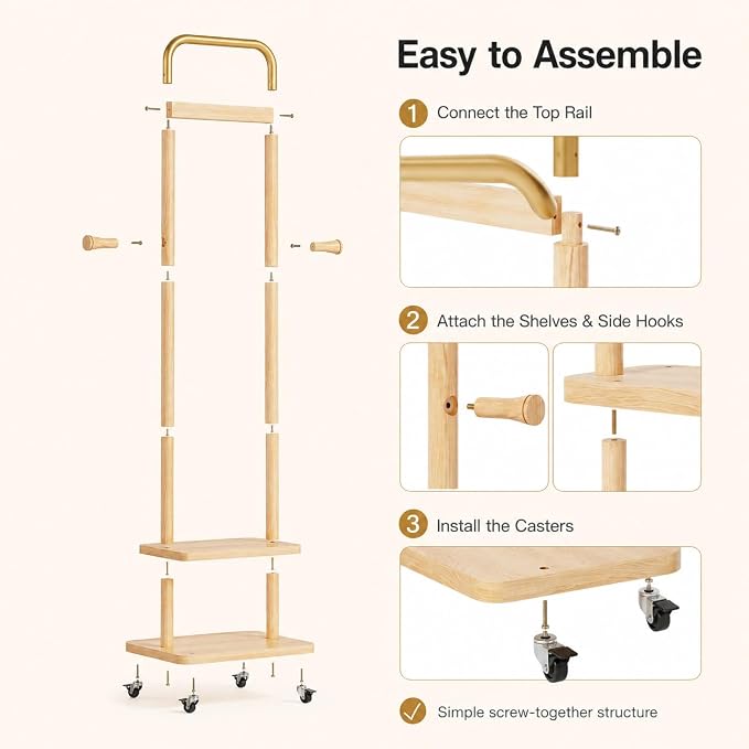 Solid Rubberwood Coat Rack โ 71.2" Tall Standing Rack with Locking Wheels, 2-Tier Shelves & Side Hooks, Slim Hall Tree for Entryway or Bedroom (Natural Wood 15.7" W x 71.2" H)