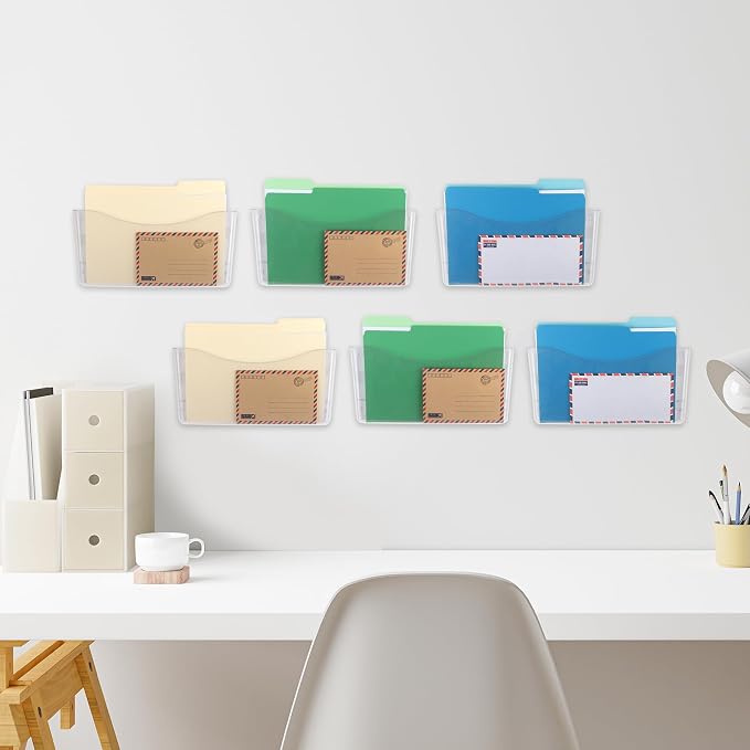 EASEPRES 6 Pack Clear Single Pocket Hanging File Organizer, Plastic Wall Mount Paper Mails Magazines Holder, Mounted Folder Bins for Office School and Home, 13.85x3.14x6.88 inches
