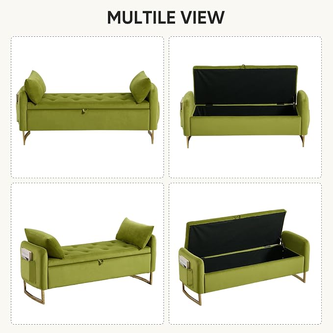 48" End of Bed Bench, Modern Storage Benches with Button-Tufted, Velvet Upholstered Storage Ottoman Bench for Foot of Bed with Arms, Gold Legs Window and Entryway, Olive Green