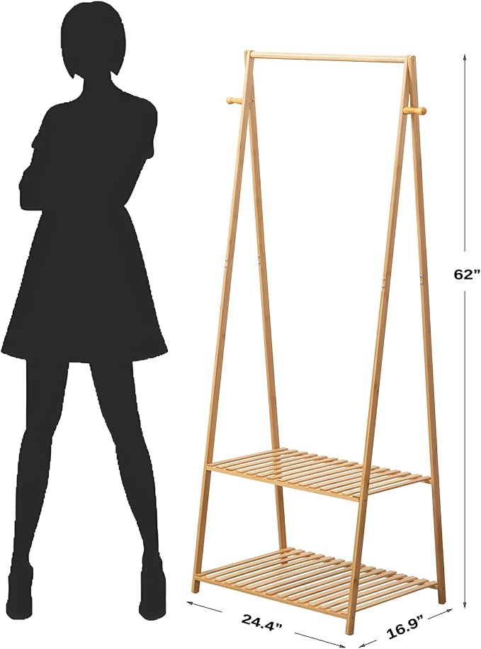 Bamboo Clothing Rack with Top Hanging Garment Rod, 2 Side Hooks & Bottom 2-Tier Shelves – Space-Saving Organizer for Clothes, Hats, Bags & Shoes