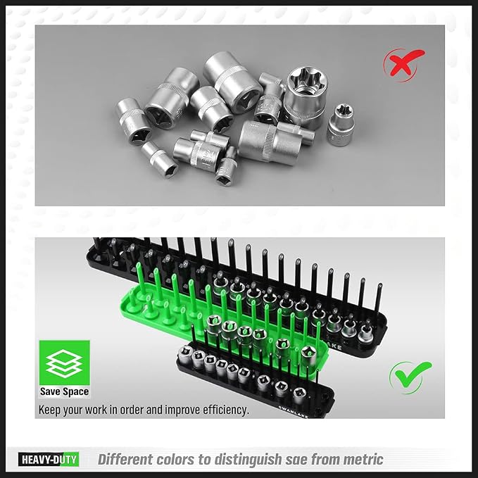SWANLAKE Socket Organizer Tray, 6-Piece Socket Holder Tray, SAE and Metric, 1/4", 3/8", and 1/2" Drive Sockets Organizer for Toolboxes