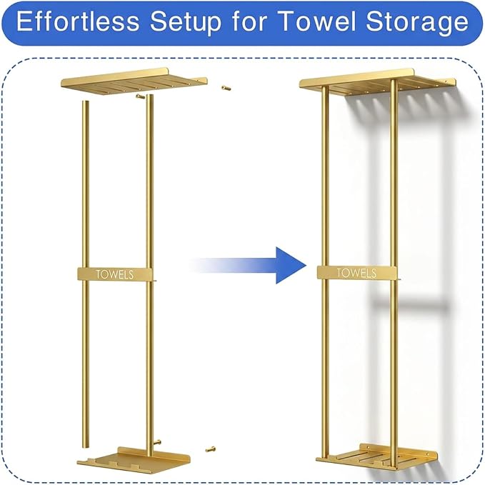 2-Tier Wall-Mounted Towel Rack with Hooks & Shelf, Black Metal Towel Holder for Small Bathrooms (Gold)
