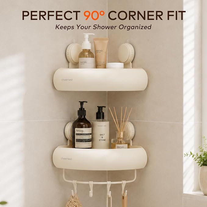Corner Shower Caddy Suction Cup, Removable Shower Organizer Shelf | 2 Pack, Rustproof Aluminum, Includes Hooks&Hanging Bar, 2 Installation Ways, Wall-Mounted Bathroom Organizer Storage Shelves