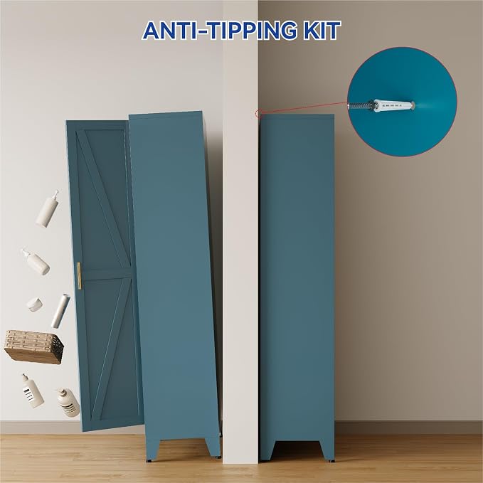COFaR Metal Pantry Cabinet with Doors, Farmhouse 61'' Tall Storage Cabinet with 3 Adjustable Shelves, Kitchen Pantry Cabinet for Dinning Room, Laundry, Peacock Blue 4-Tier