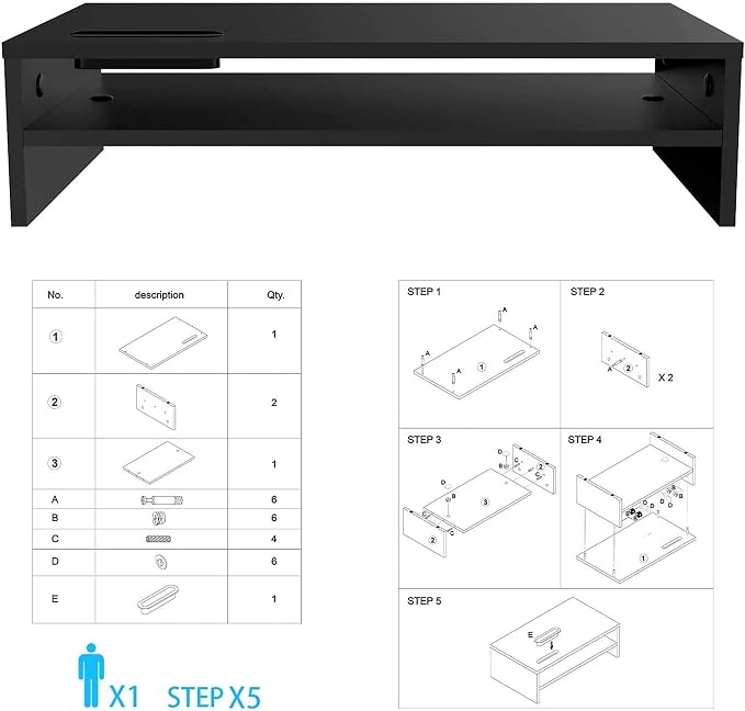 BONTEC Wood Monitor Stand Riser, 2-Tier Desktop Organizer | Ergonomic Computer Stand for Desk, Cable Management, Cellphone Holder, 21.3 Inch Shelf, Black
